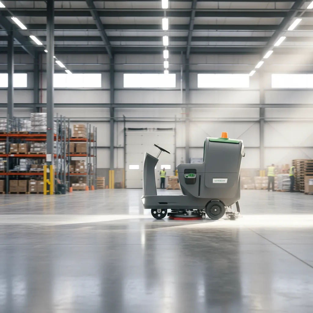 ride-on floor scrubber - LVTONG A LVTONG ride-on floor scrubber machine cleaning a large, modern warehouse floor, demonstrating efficiency.