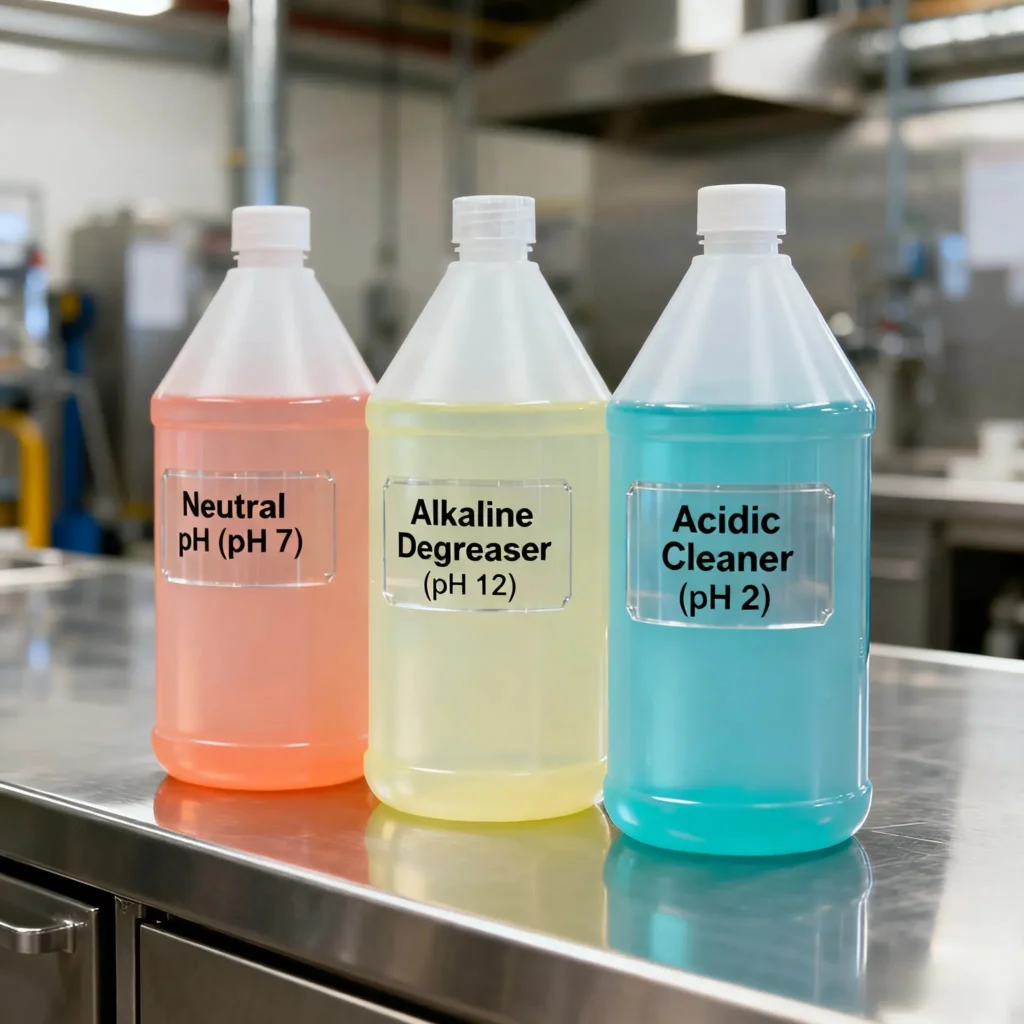 Drei Flaschen mit unterschiedlichen Reinigungslösungen für Bodenreinigungsmaschinen – neutral, alkalisch und sauer – wurden aufgereiht, um die Vielfalt der chemischen Optionen für die professionelle Reinigung zu demonstrieren.