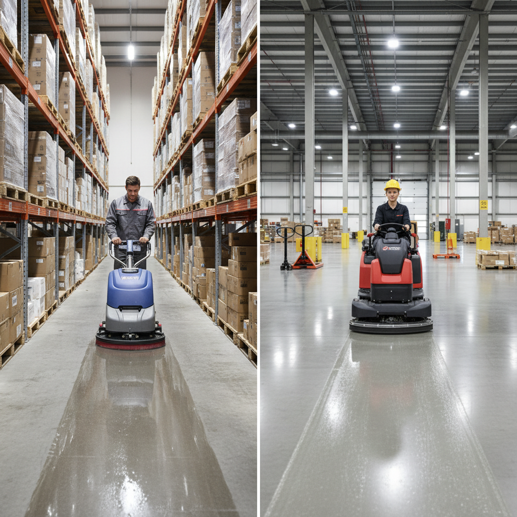 walk-behind-vs-rideon-scrubbers - LVTONG Side-by-side comparison of walk-behind and ride-on floor scrubbers in warehouse environment