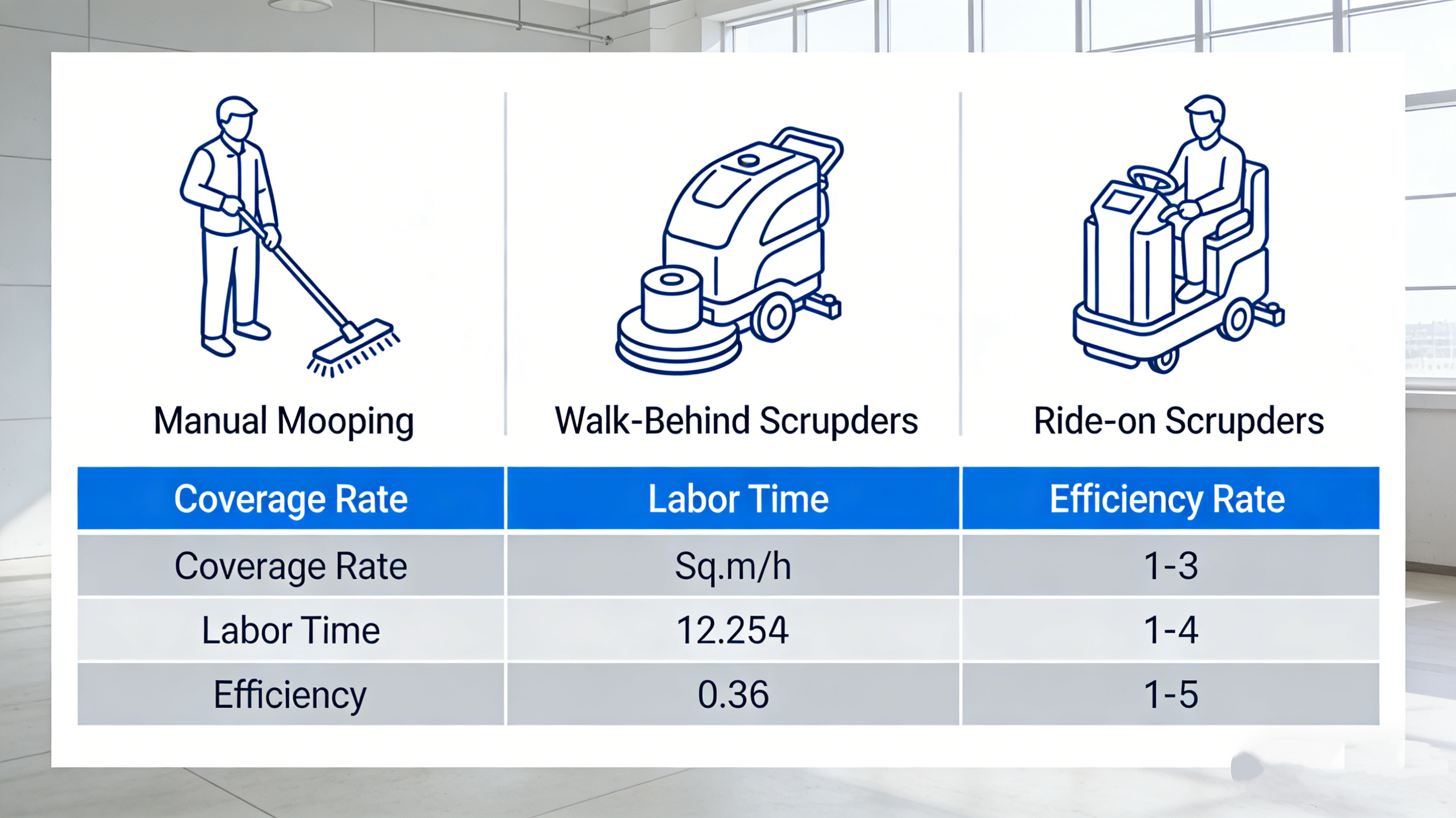 Comparison graphic showing manual cleaning vs ride-on scrubber efficiency in large warehouses