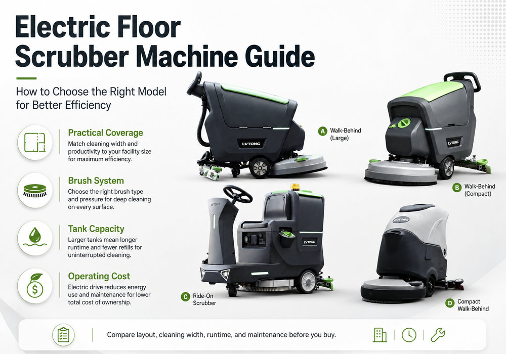 Electric Floor Scrubber Machine Guide - LVTONG Electric floor scrubber machine guide comparing walk-behind, compact, and ride-on scrubber models