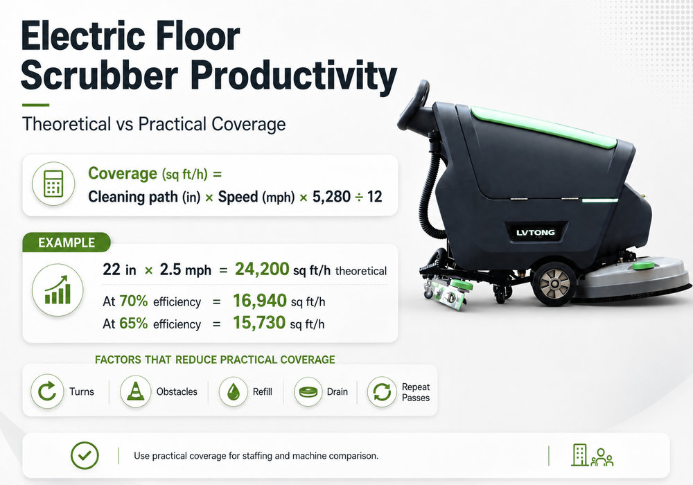 Electric Floor Scrubber Productivity Calculation - LVTONG Electric floor scrubber productivity formula comparing theoretical and practical cleaning coverage