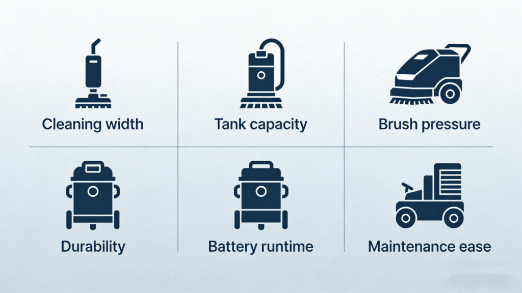 Infographic showing key ride-on scrubber selection criteria such as cleaning width tank capacity runtime durability and battery efficiency - LVTONG Infographic showing key ride-on scrubber selection criteria such as cleaning width, tank capacity, runtime, durability, and battery efficiency