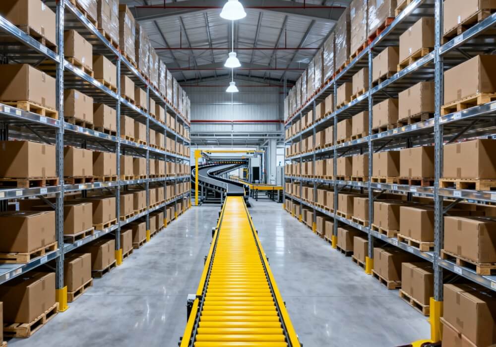 Machine de nettoyage de sol en usine à côté d'une ligne de distribution de produits