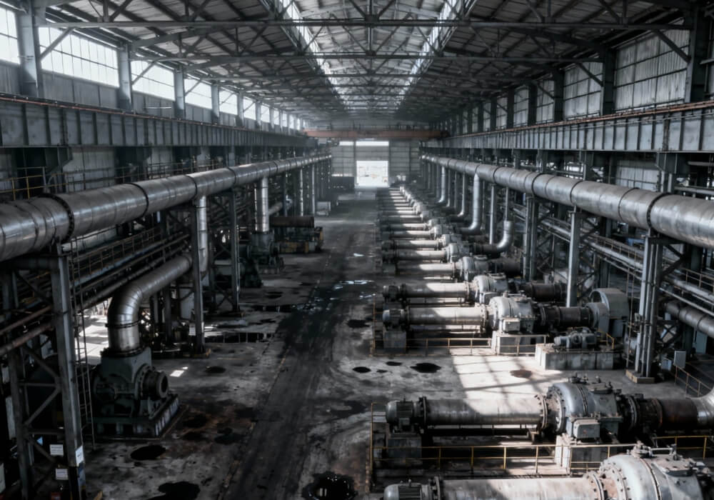 Autolaveuse industrielle nettoyant le sol d'une usine industrielle lourde