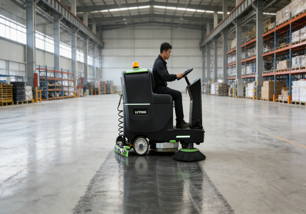 Ride-on floor scrubber cleaning large warehouse efficiently - LVTONG Ride-on floor scrubber cleaning large warehouse efficiently