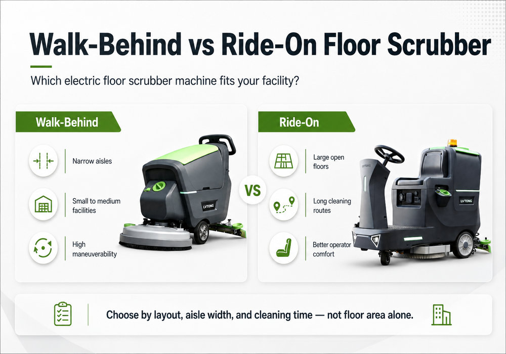 Walk-Behind vs Ride-On Floor Scrubber - LVTONG Walk-behind and ride-on floor scrubbers compared by aisle width, cleaning route, maneuverability, and operator comfort