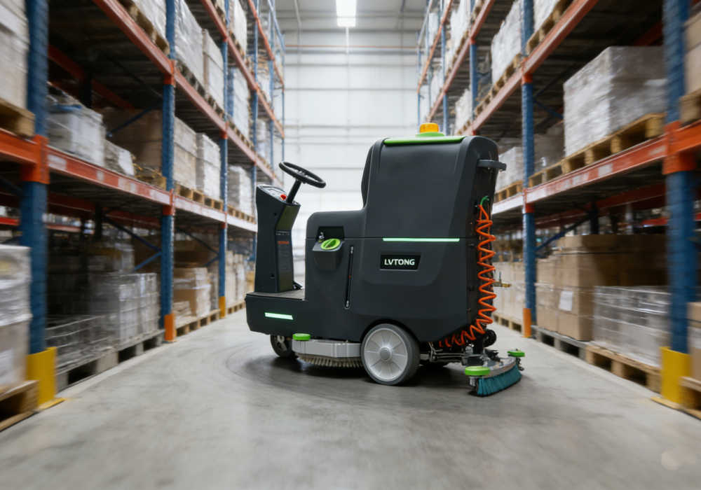 compact ride-on floor scrubber maneuvering in warehouse aisles - LVTONG compact ride-on floor scrubber maneuvering in warehouse aisles