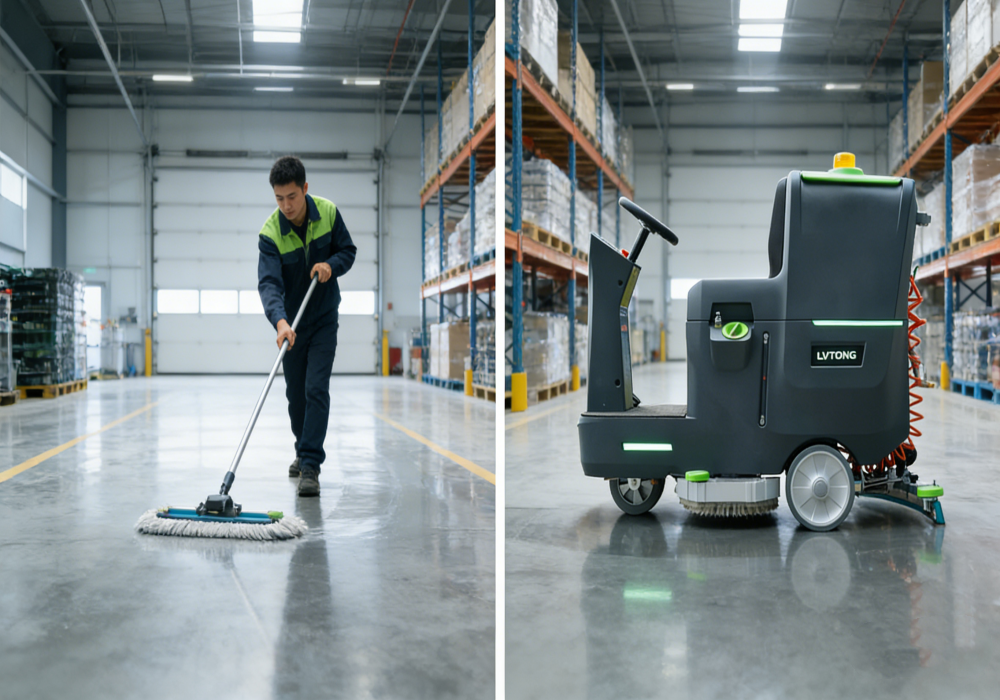 comparison between manual floor cleaning and ride-on floor scrubber - LVTONG comparison between manual floor cleaning and ride-on floor scrubber
