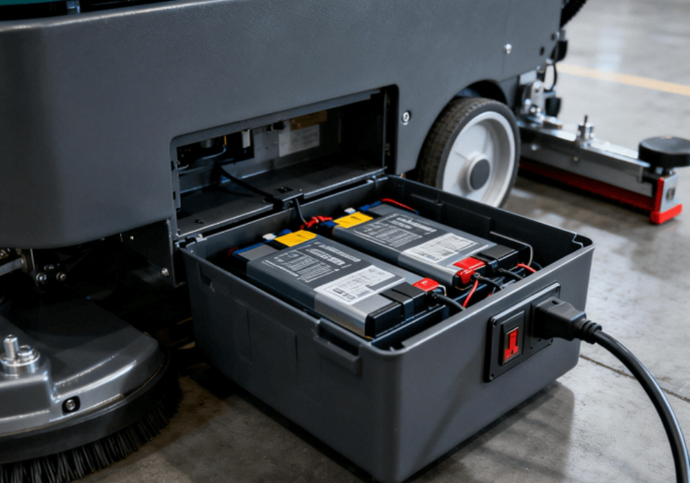 Maintenance-free battery operated floor scrubber for 247 industrial use