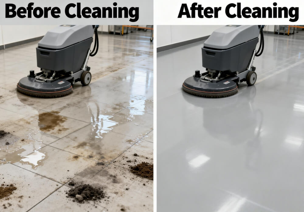 floor cleaning before and after using floor scrubber machine