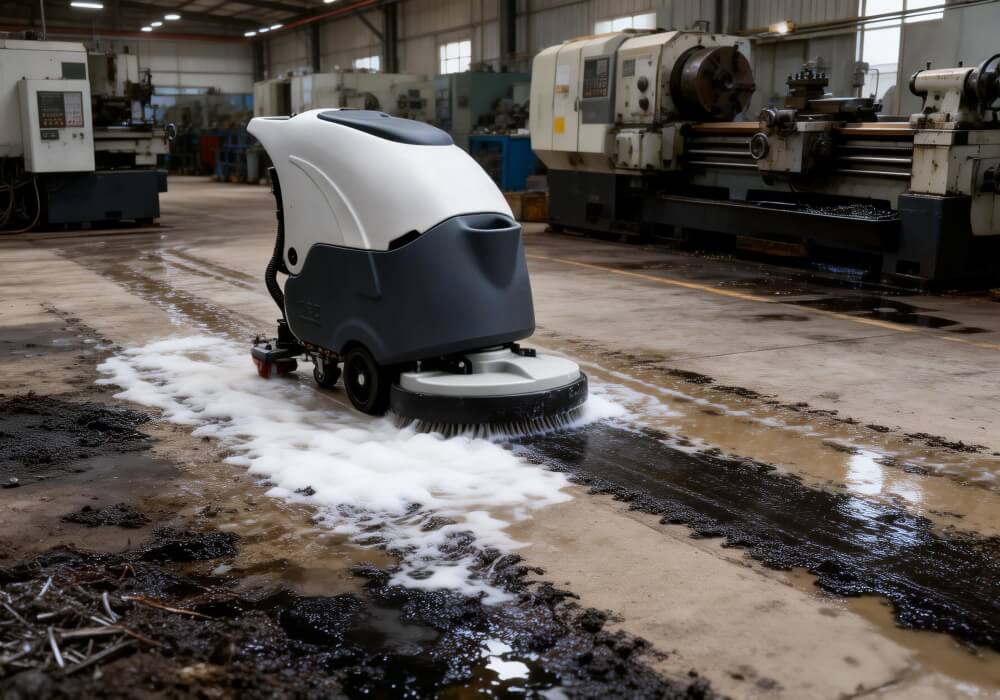 Machine de nettoyage de sols d'usine éliminant les taches d'huile