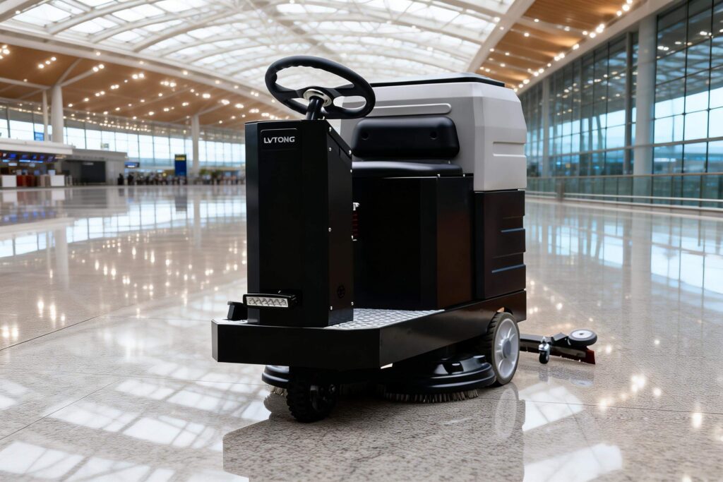 Nettoyage des sols de l'aéroport par une autolaveuse dans une grande zone du terminal