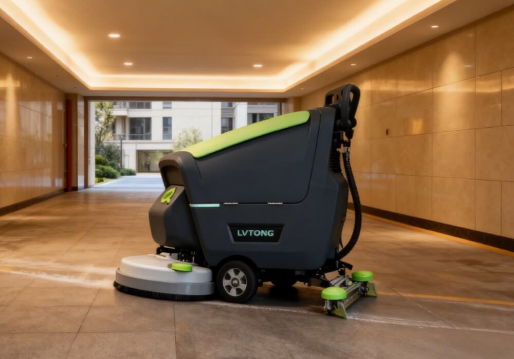 Fregadora de suelos autopropulsada limpiando una zona interior comunitaria