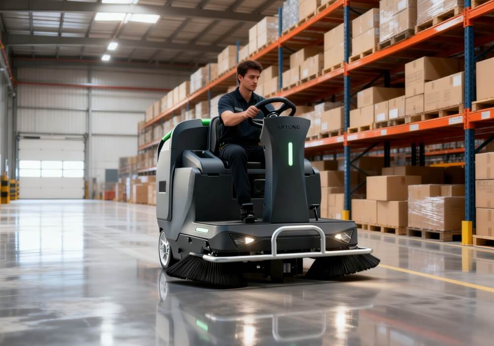 LT-S1350S Ride On Floor Sweeper in warehouse interior cleaning