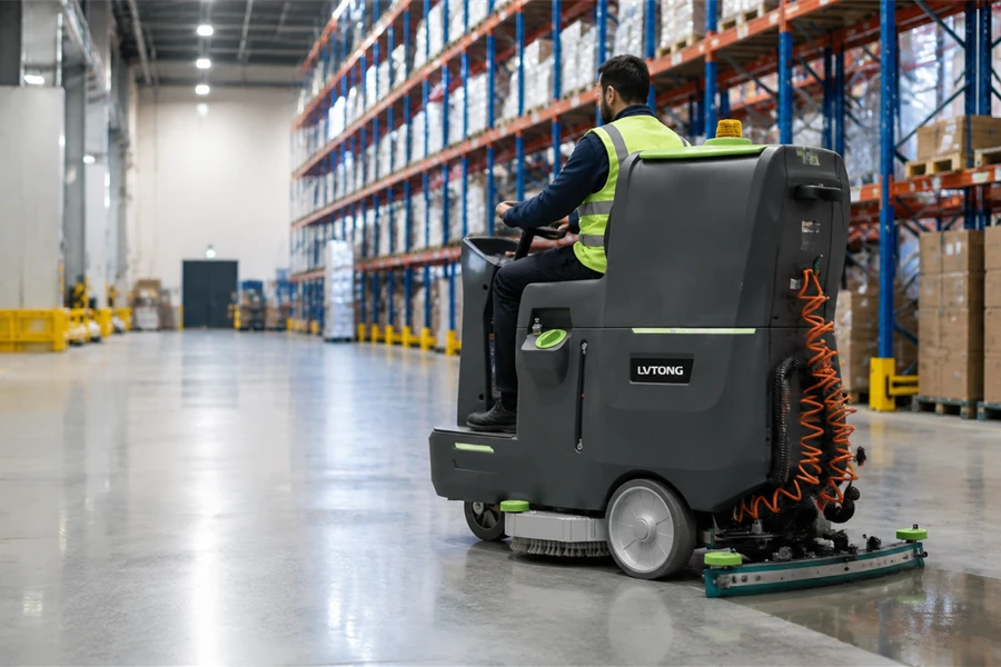Operator driving an LVTONG ride-on floor scrubber down a warehouse aisle between tall storage racks