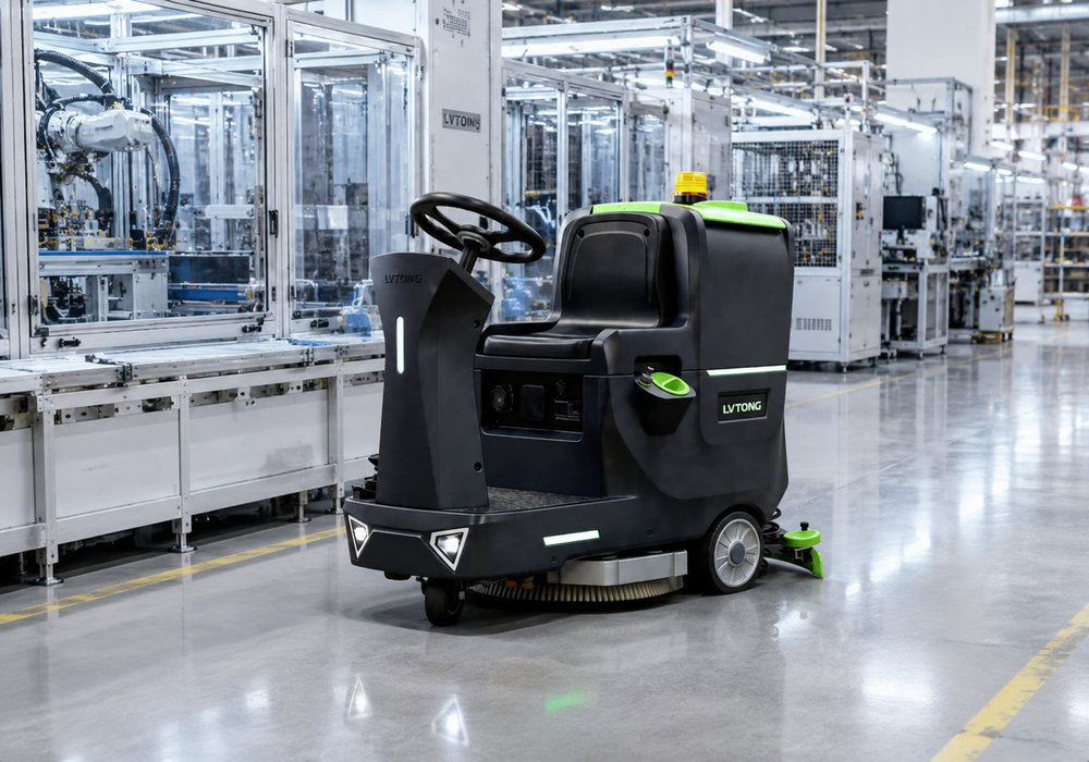 Industrielle Bodenreinigungsmaschine im Einsatz auf einem Fabrikboden in der Nähe von Produktionsanlagen