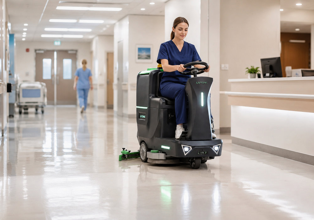 Eine Reinigungskraft im Gesundheitswesen reinigt mit einer handgeführten Scheuersaugmaschine einen Krankenhausflur.