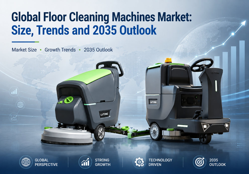 Global Floor Cleaning Machines Market: Size, Trends and 2035 Outlook - LVTONG - LVTONG Global floor cleaning machines market poster with walk-behind and ride-on scrubber machines, market size trends and 2035 outlook