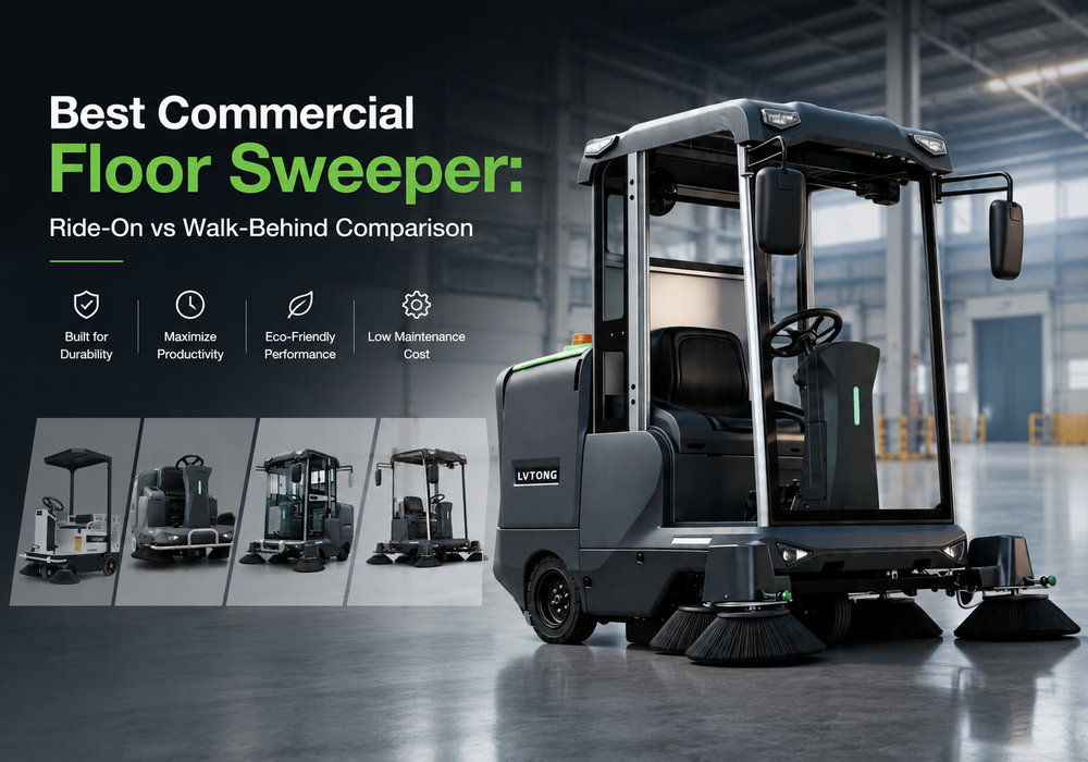 Best commercial floor sweeper comparison poster featuring LVTONG ride-on and compact sweeper models