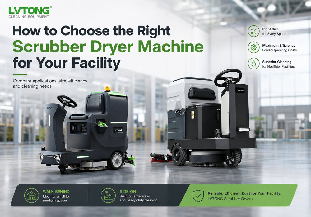 Scrubber dryer machine selection guide showing LVTONG ride-on models for different facility cleaning requirements