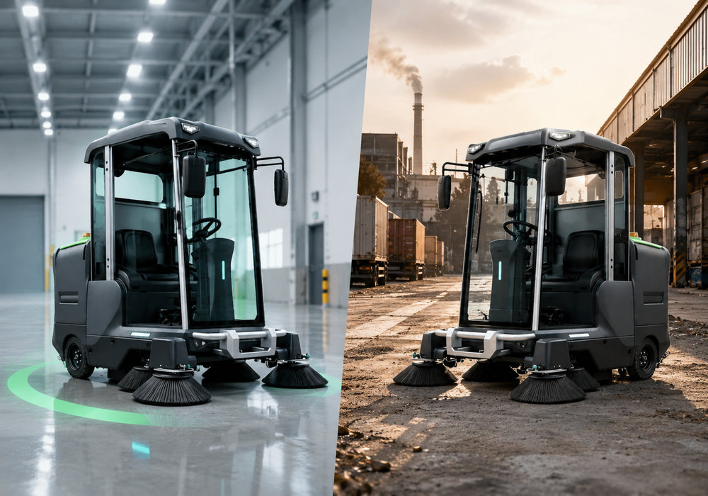 Battery vs Diesel Industrial Ride-On Sweeper - LVTONG Battery powered and diesel industrial ride-on sweeper for indoor and outdoor cleaning
