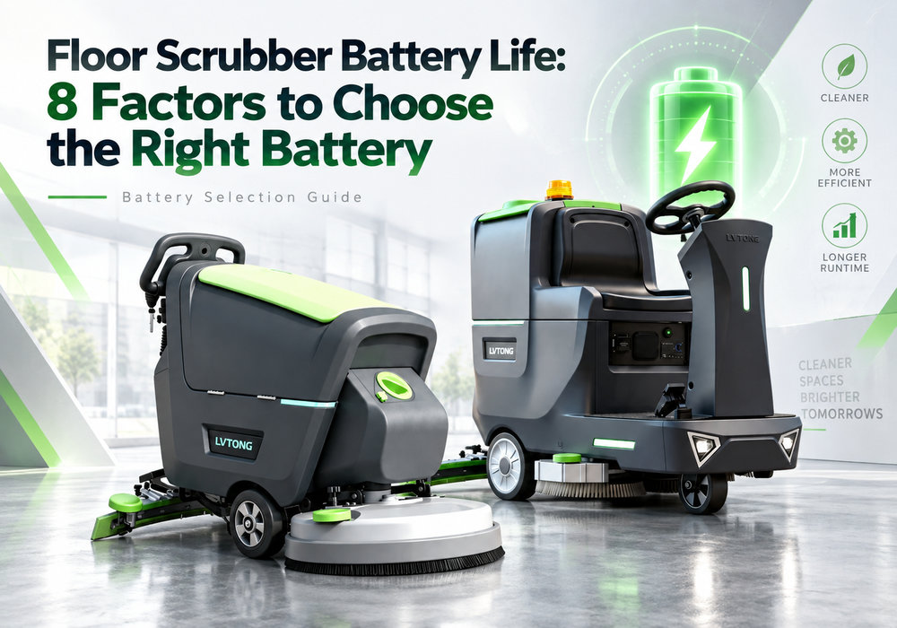 Floor scrubber battery life guide showing walk-behind and ride-on floor scrubbers with battery selection factors