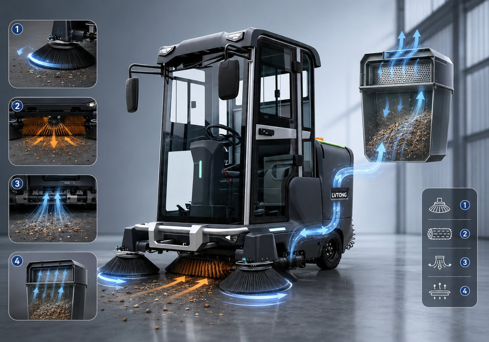 How an Industrial Ride-On Sweeper Works - LVTONG Industrial ride-on sweeper brushes vacuum filter and hopper system