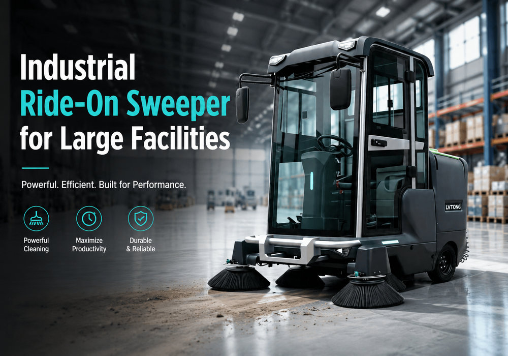 Industrial ride-on sweeper for large facility floor cleaning