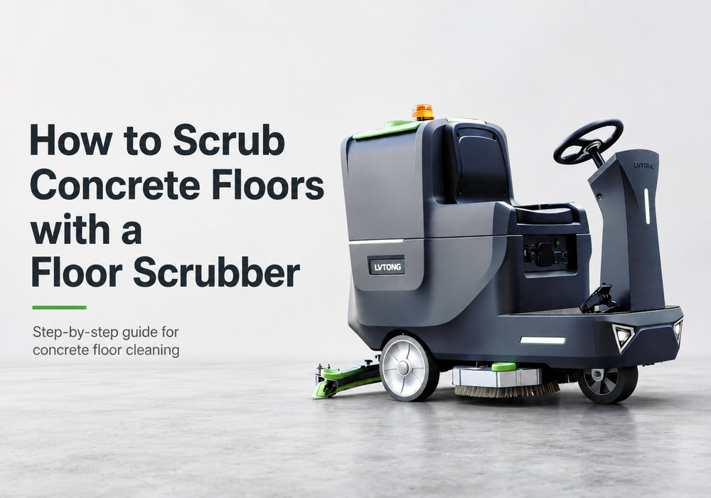 LVTONG ride-on floor scrubber beside a guide on how to scrub concrete floors
