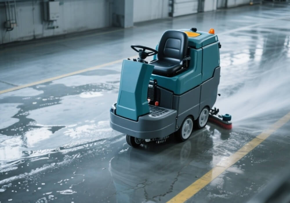 Person typing “floor scrubber rentals near me” in a search engine