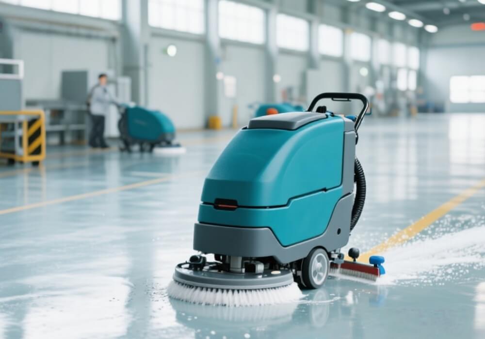 Worker using a floor scrubber machine rental in a warehouse