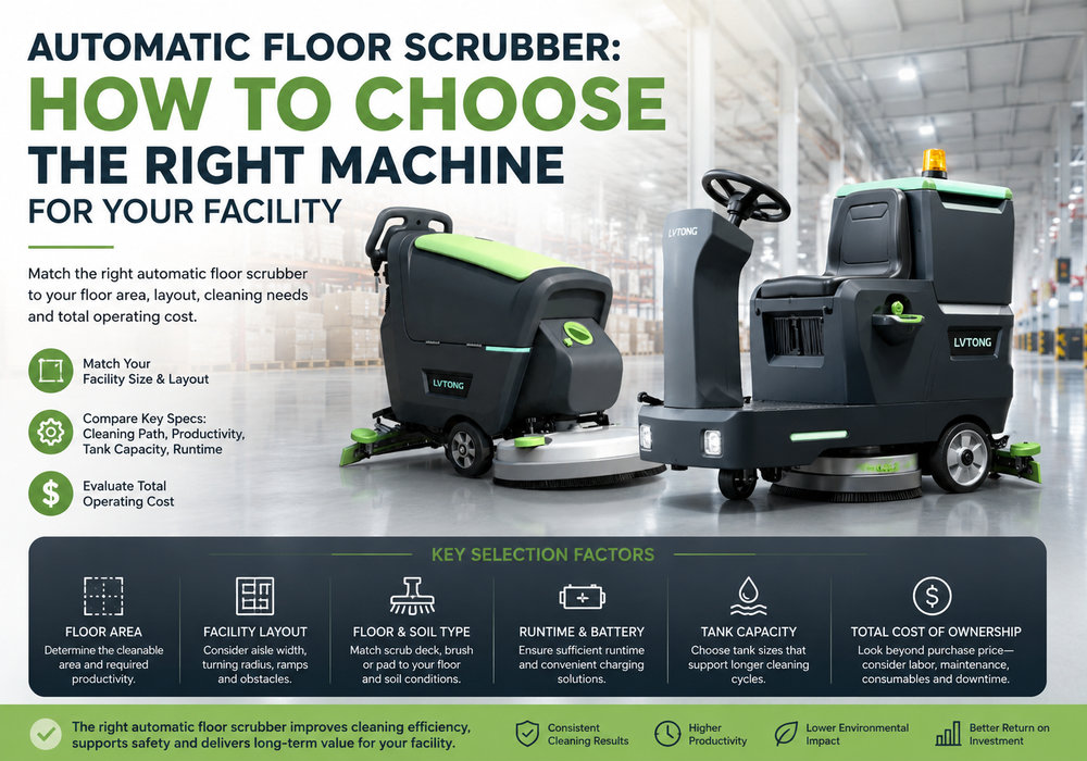 Automatic floor scrubber selection guide showing walk-behind and ride-on machines in a warehouse facility