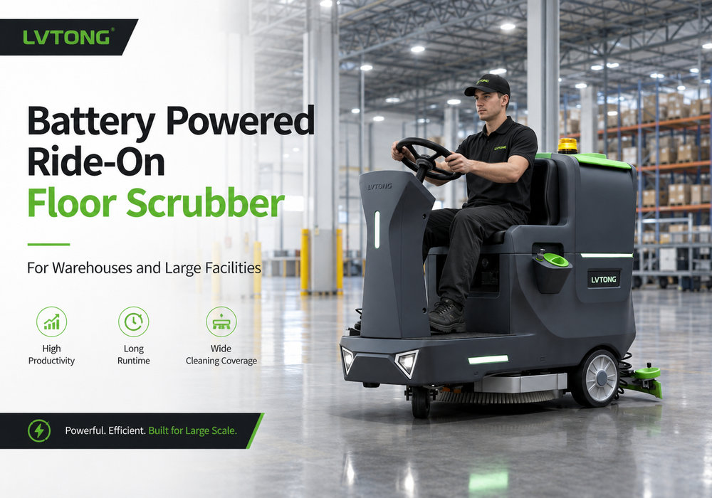 Battery powered ride-on floor scrubber for warehouses and large facilities - LVTONG Battery powered ride-on floor scrubber for warehouses and large facilities