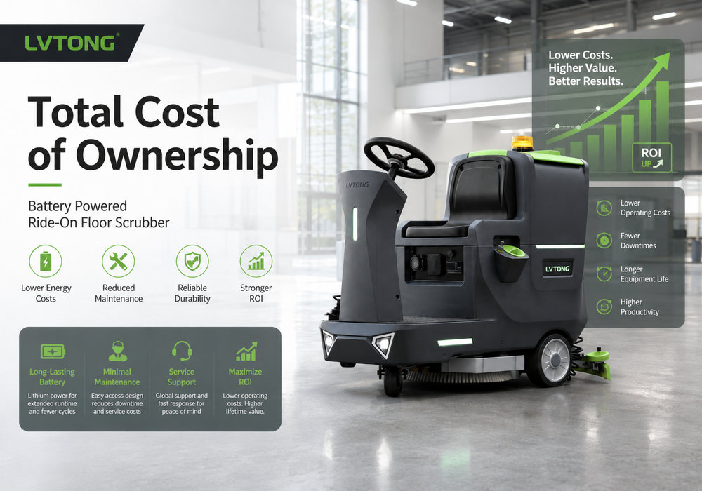 Battery powered ride-on floor scrubber total cost of ownership - LVTONG Battery powered ride-on floor scrubber total cost of ownership