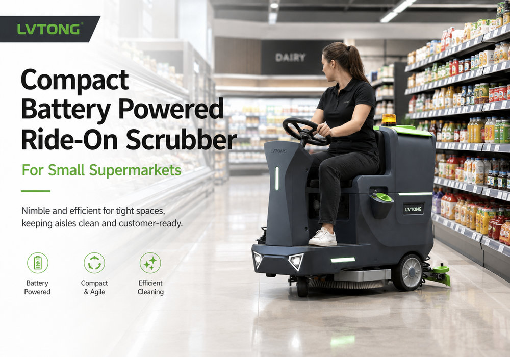 Compact battery powered ride-on scrubber for small supermarkets - LVTONG Compact battery powered ride-on scrubber for small supermarkets