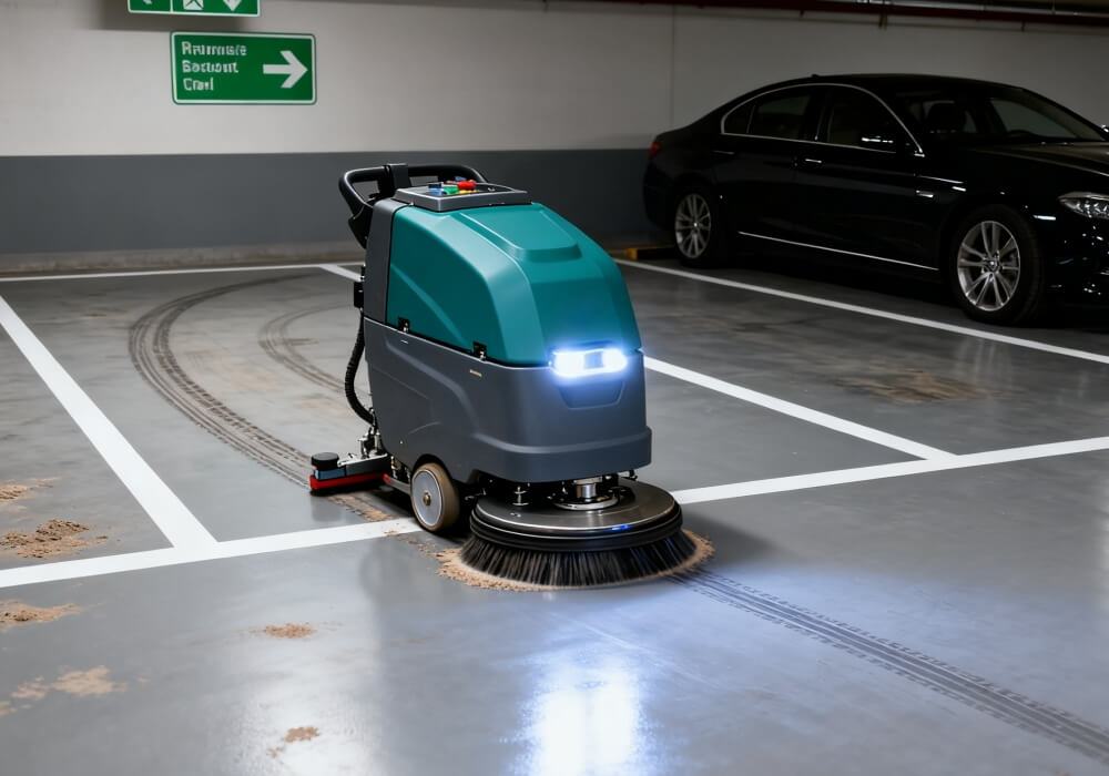 Limpieza con fregadora de suelos en el aparcamiento subterráneo