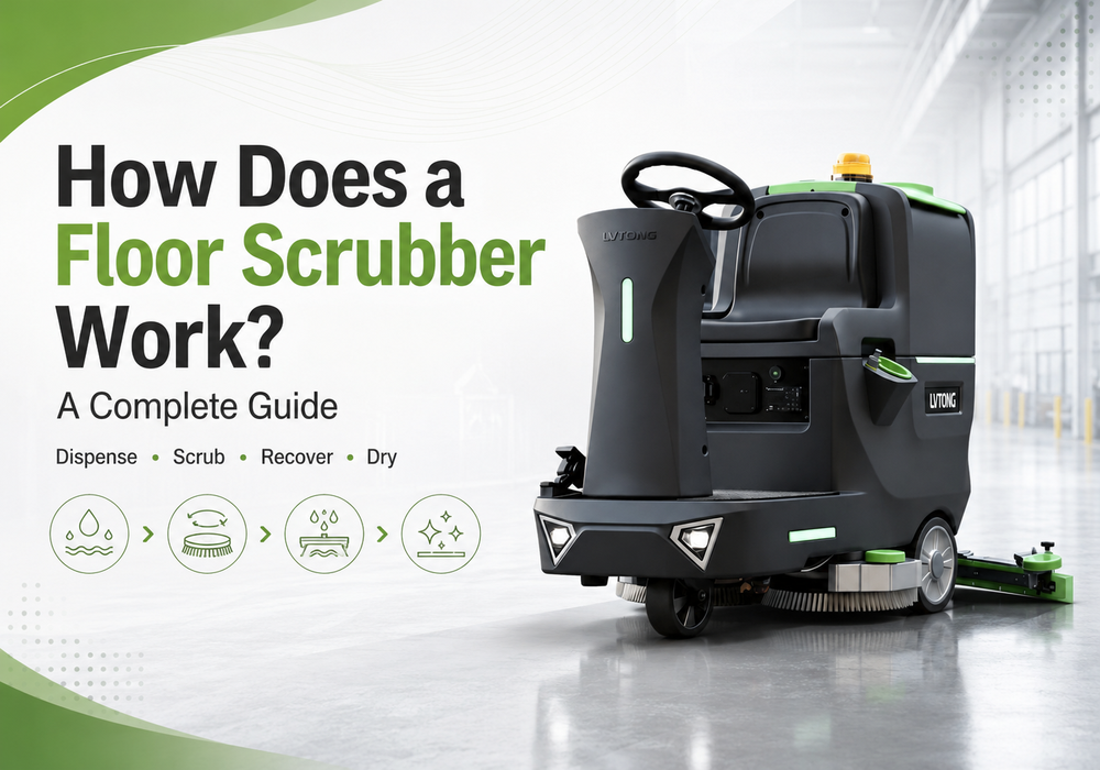 How a ride-on floor scrubber dispenses solution, scrubs, recovers dirty water and dries the floor