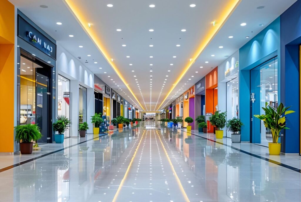 Commercial ride on scrubber machine for shopping mall floor cleaning
