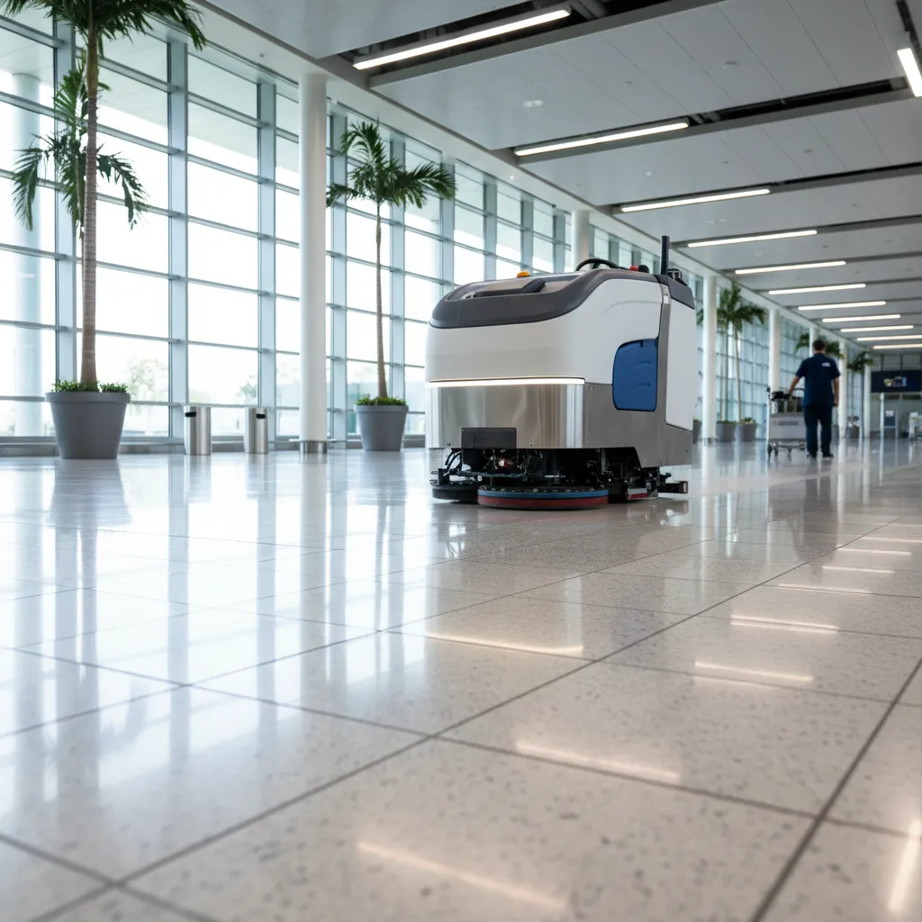 Una moderna lavadora de pisos de baldosas comerciales se desliza sobre un amplio y reluciente piso de baldosas limpio en el vestíbulo de un negocio, demostrando su poderosa capacidad de limpieza.