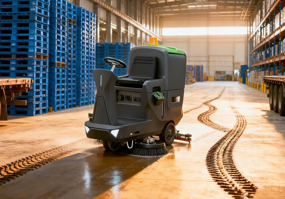 ride-on floor scrubber for warehouse