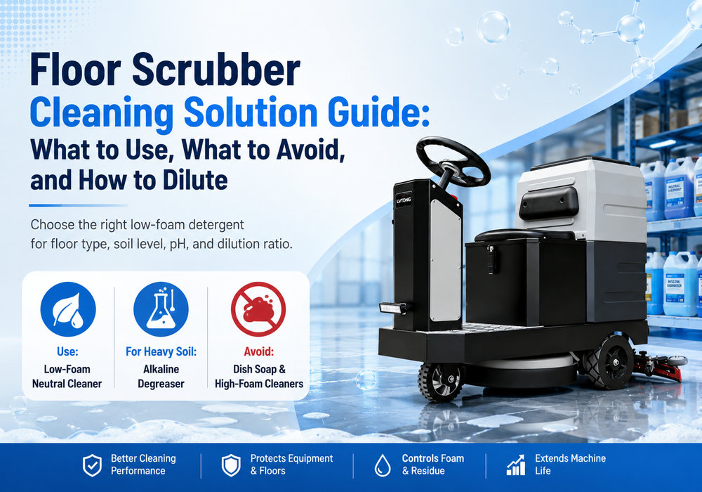 Floor scrubber cleaning solution guide showing low-foam detergent, alkaline degreaser, and cleaners to avoid