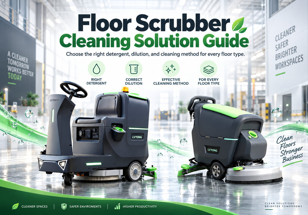 Floor scrubber cleaning solution guide showing ride-on and walk-behind floor scrubbers for industrial floor cleaning