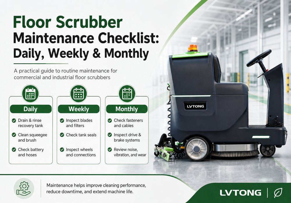 Floor scrubber maintenance checklist covering daily, weekly, and monthly inspection tasks
