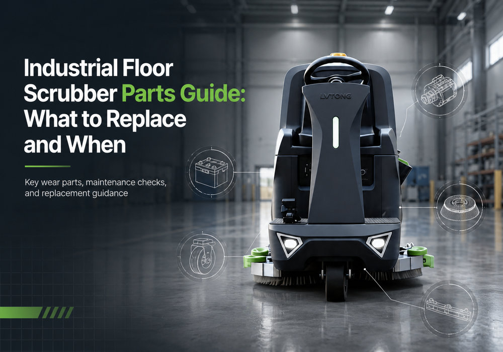 Industrial floor scrubber parts guide showing battery, motor, brush, wheel, and squeegee replacement components