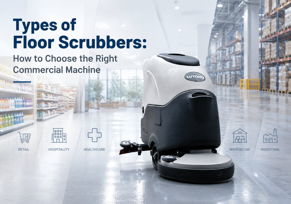 Types of floor scrubbers poster featuring a LVTONG commercial floor scrubber for retail, healthcare, warehouse, and industrial applications