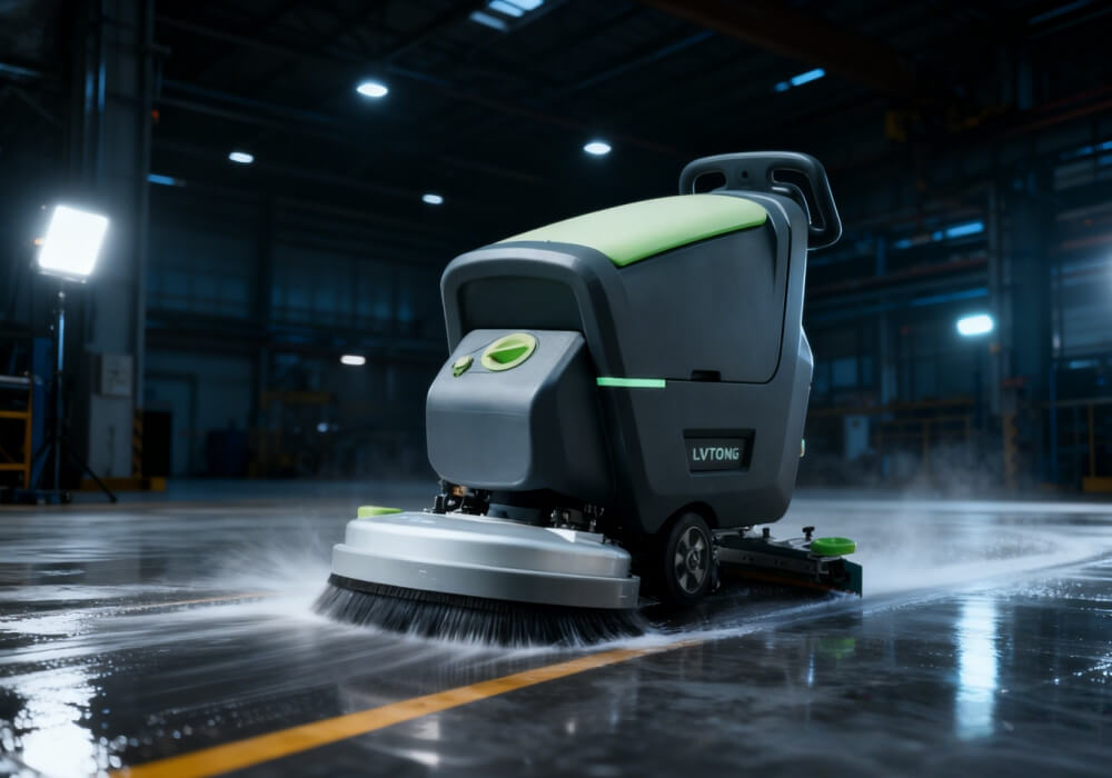Warehouse floor cleaned by industrial floor scrubber