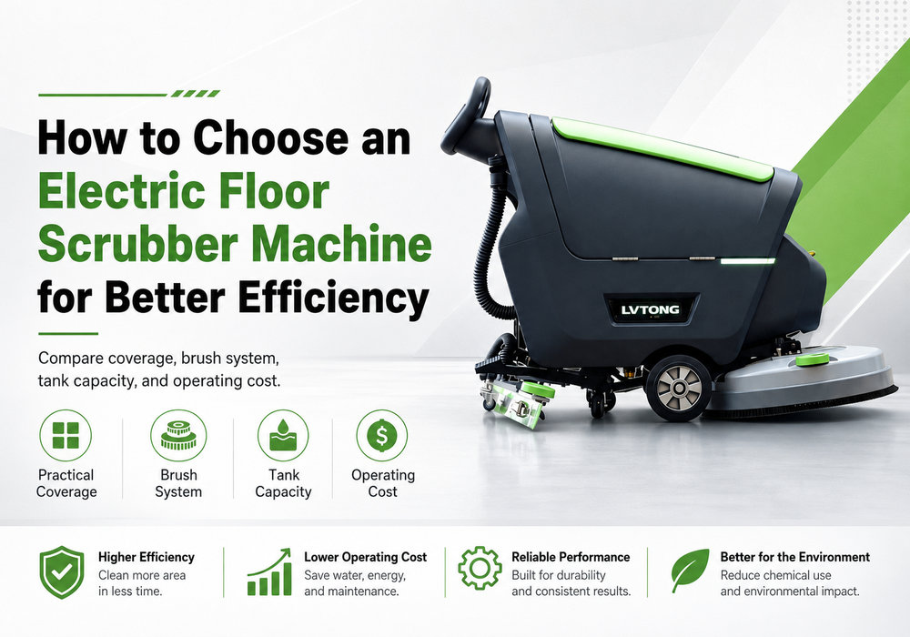 Electric floor scrubber machine selection guide showing a LVTONG walk-behind scrubber and key efficiency factors