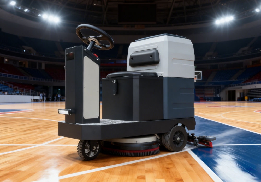 Fabrikarbeiter bedient Lithium-Bodenscheuersaugmaschine