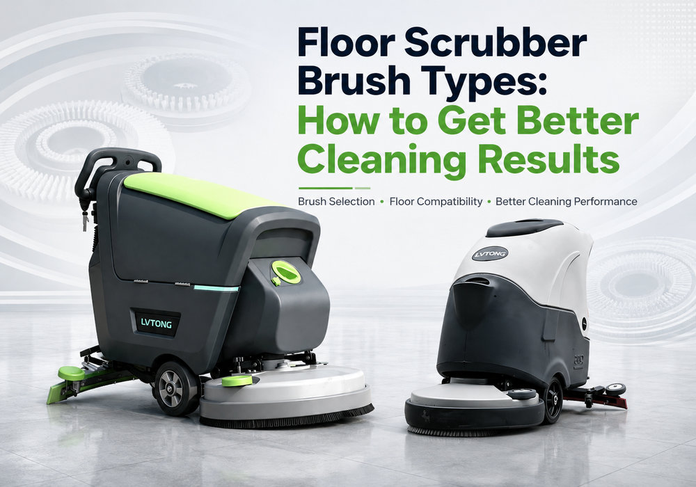 Floor scrubber brush types poster showing two LVTONG floor scrubbers and brush selection for better cleaning results